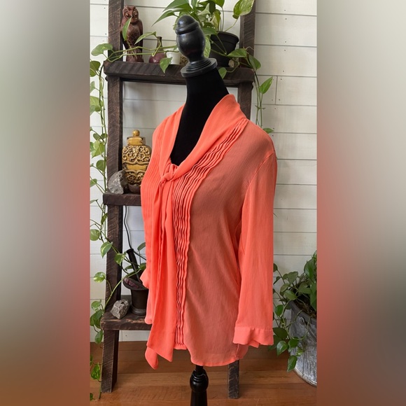 Banana Republic: Orange Peach Pleated Blouse with Neck Tie - Picture 15 of 17